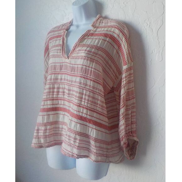 Lou Grey Loft Women Small Tunic Blouse V-Neck Ivory Red Stripe Pullover Cotton - Picture 3 of 12